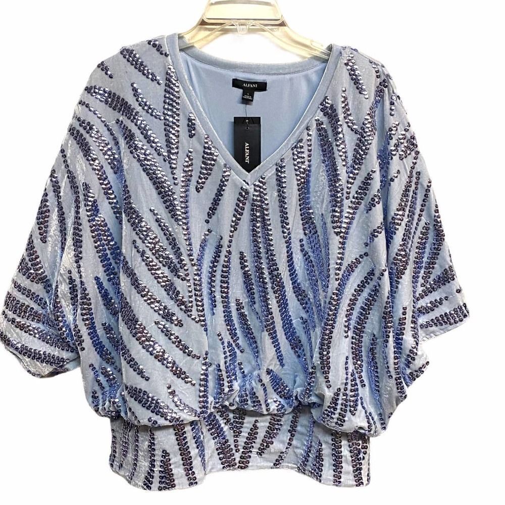 Alfani Sky Blue Velvet Sequins Batwing Top